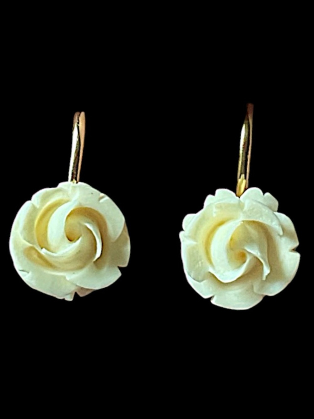 Vintage Gold Filled Carved Bovine Bone Rose Flower Screw Back Earrings